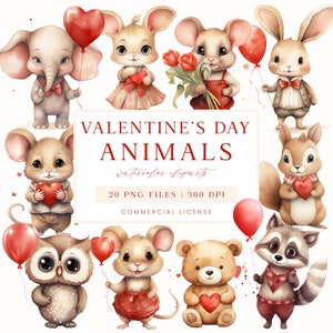 Imágenes prediseñadas de animales en acuarela, imágenes prediseñadas del día de San Valentín, osito de peluche, zorro, ratón, búho, paquete de imágenes prediseñadas de San Valentín, PNG transparente, imágenes prediseñadas de amor