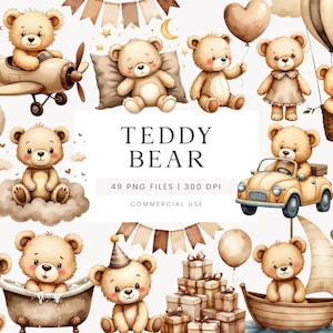 Clipart neutre ours en peluche, clipart baby shower, invitation clipart neutre, graphique aquarelle ours en peluche, illustration d'ours pour chambre d'enfant