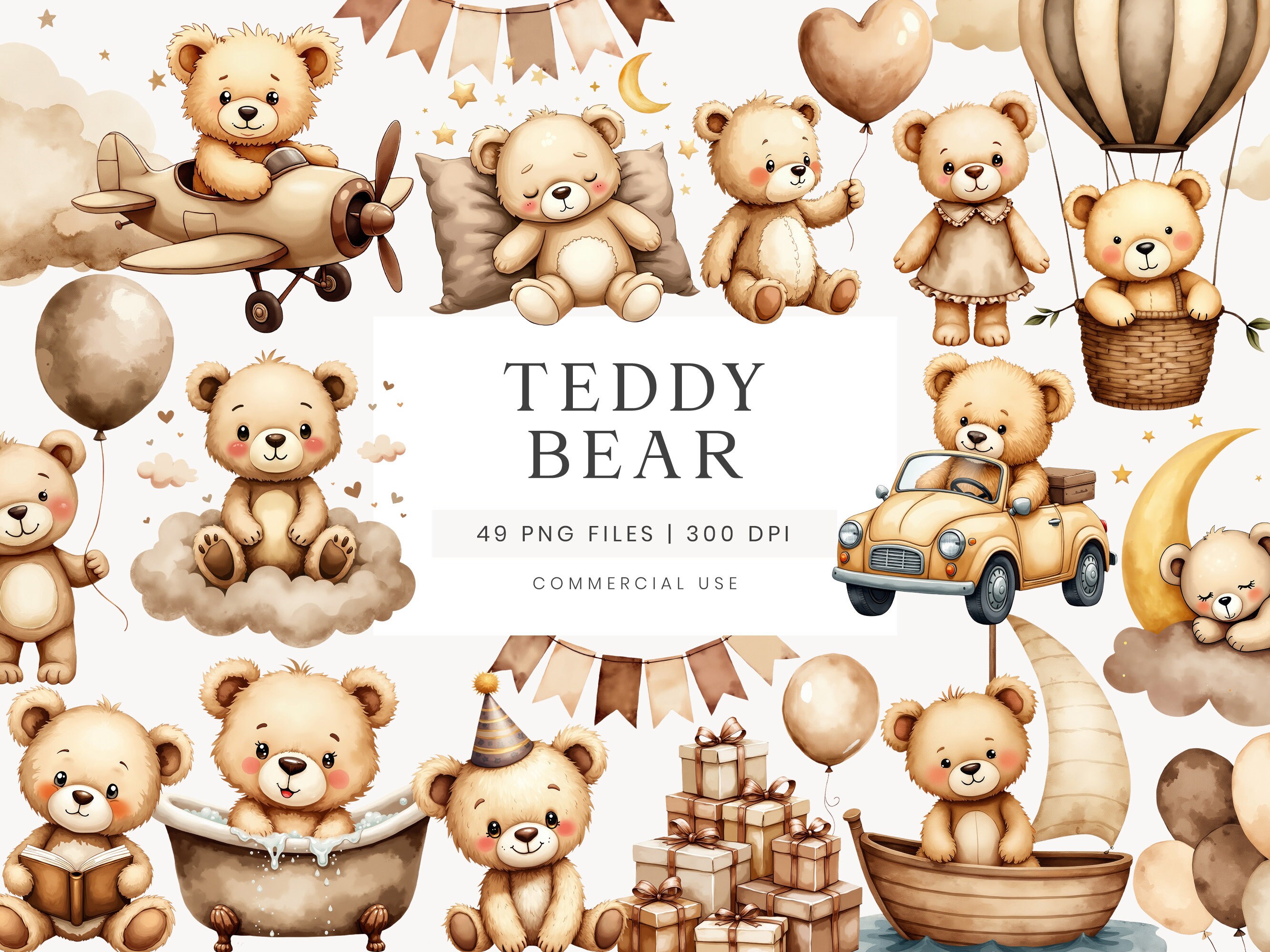 Neutral Teddy Bear Clipart, Baby Shower Clipart, Neutral Clipart Invitation, Watercolor Teddy Bear Graphic, Bear Illustration For Nursery