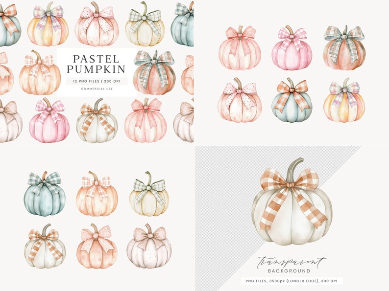 May include: Watercolor illustrations of pastel pumpkins with decorative bows. The pumpkins are in various colors, including pink, peach, and blue, and the bows feature plaid and polka dot patterns. The text "PASTEL PUMPKIN" is also visible.