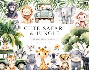 Cute Safari Animals Clipart, Jungle Animals Clipart, Cute Baby Animal PNG, Wild Birthday, Nursery Art, Birthday Clipart, Baby Shower Clipart