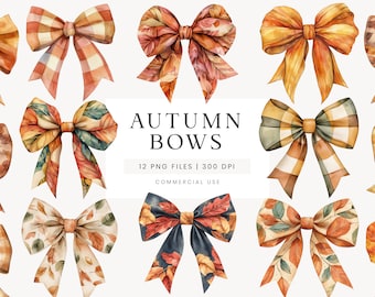 May include: Twelve watercolor illustrations of autumn-themed bows. The bows are in various patterns, including plaid, floral, and leaf designs. The bows are in shades of orange, brown, yellow, and green.