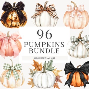 May include: Watercolor illustration of pumpkins with various bow designs. The pumpkins are in shades of white, orange, and pink, with bows in leopard print, plaid, and solid colors. Text reads "96 PUMPKINS BUNDLE COMMERCIAL USE."
