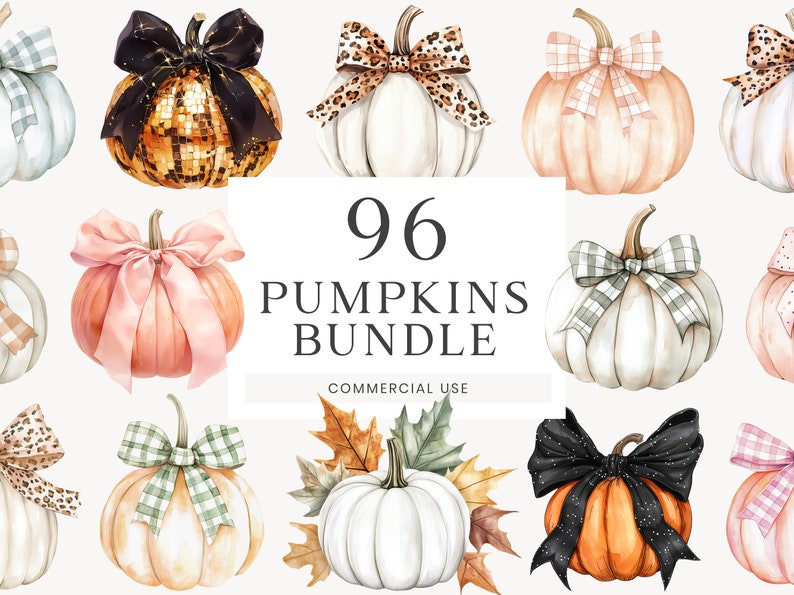 May include: Watercolor illustration of pumpkins with various bow designs. The pumpkins are in shades of white, orange, and pink, with bows in leopard print, plaid, and solid colors. Text reads "96 PUMPKINS BUNDLE COMMERCIAL USE."