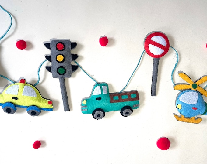 Felt Car Garland: Traffic Theme, Kids Bedroom Decor