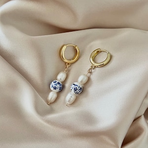 Santorini Inspired Earrings, Greek Earrings, Pearl Drop Earrings, Gold Huggie Earrings, Greek Jewelry, Elegant Earrings,