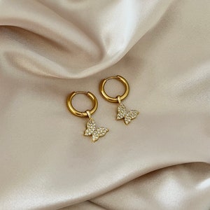Gold Butterfly Earrings, Sparkly Earrings, Elegant Jewelry, Mariposa Hoops, Butterfly Hoops, Dainty Jewelry, Hoops, Pinterest Girl, It Girl