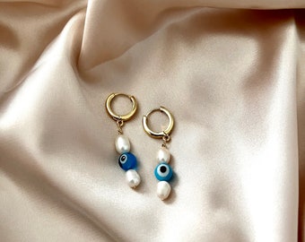 Boucles d'oreilles mauvais œil bleus, Boucles d'oreilles mauvais œil bleus, Boucles d'oreilles pendantes, Petites boucles d'oreilles mauvais œil, Boucles d'oreilles en perles, Créoles en or, Boucles d'oreilles élégantes, Simple