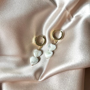 Pearl Heart Earrings, Heart Earrings, Pearl Earrings, Huggie Hoops, Valentine&#39;s Day, Heart Hoops, Pearl Hoops, Pearl Hearts, Dainty, Elegant