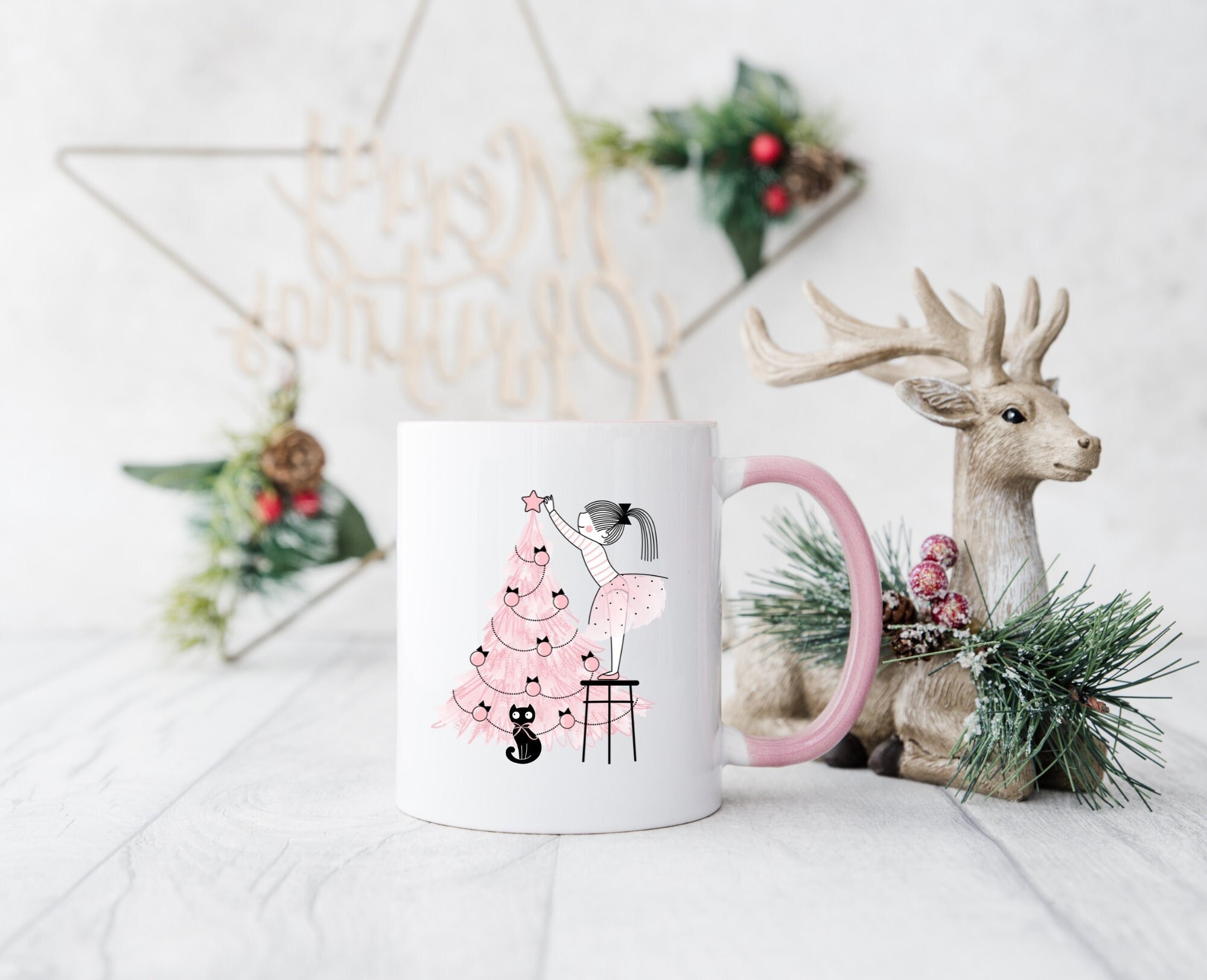 Mug Noël Personnalisé/ Rose/ Sapin Noël/ Pink Christmas/Mug Noël/Cadeau Personnalisé/Christmas/Cadea