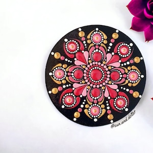 Mini Mandalas on Wood - 8cm mini mandala with a few shades of pink and a touch of gold and white to make it glow