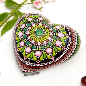 Infinite Heart Garden Mandala Stone - A large heart shaped mandala stone with a fresh garden colour palette in pinks and greens.