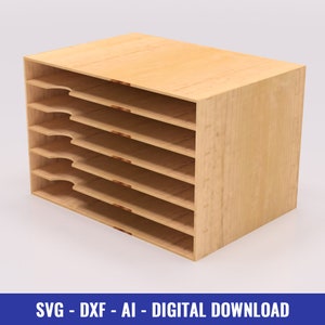 May include: A wooden organiser with seven shelves for storing paper or other items. The organiser is made of light wood and has a natural finish.