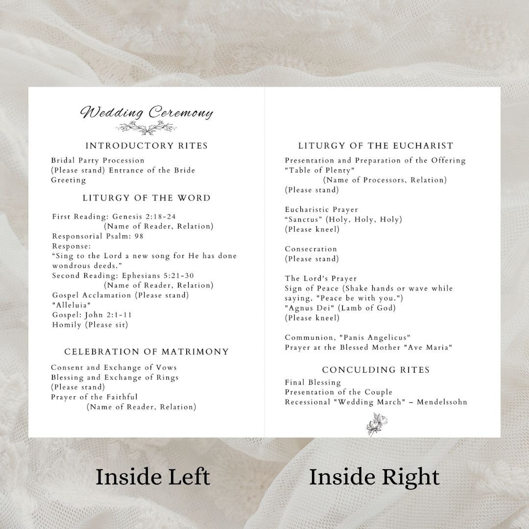 Floral Catholic Wedding Mass Program, Catholic Wedding Ceremony Booklet