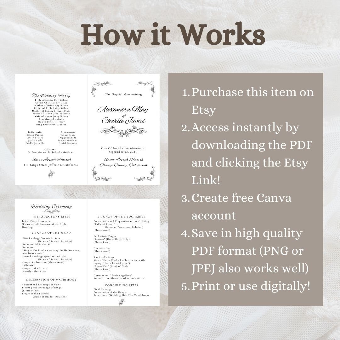 Floral Catholic Wedding Mass Program, Catholic Wedding Ceremony Booklet