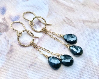 Black Spinel and Sparkly Gold Ring Earrings