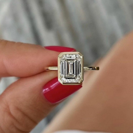 Bezel Set Emerald Cut Moissanite Ring Engagement Ring Vintage - Etsy
