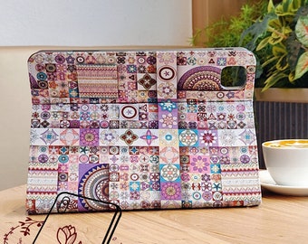 Étui pour ipad en tissu patchwork de style ethnique, porte-crayon intégré, réveil/recharge magnétique, ipad air 5 étui pour ipad pro 2022 ipad 10,2 pouces