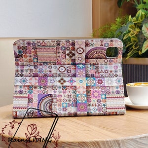 Ethnic style patchwork fabric iPad case built-in pencil holder,magnetic wake up/charging,ipad air 5 iPad 10.2 iPad pro 2022 iPad 10 case image 1