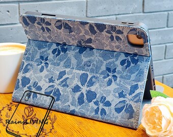 Retro embroidery blue flower fabric with auto wake up sleep,iPad Air 5 2022 iPad 10 2022 iPad 9,iPad Pro 11" 12.9'' 2022 2021 mini 6 case