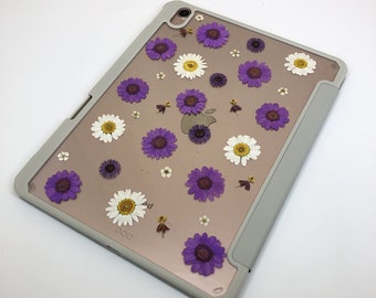 Purple white daisy pressed flower iPad case built-in magnetic charging pen slot,new iPad Air 5 2022 iPad Pro 2022 iPad 10 2022 mini 6 case