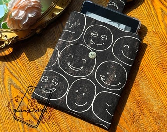 Smiley Face Pattern Black Fabric Kindle Sleeve,With Free Clear Case,Paperwhite Oasis Cover,iPad,Kobo,Onyx Boox,Nook,E-reader Cover