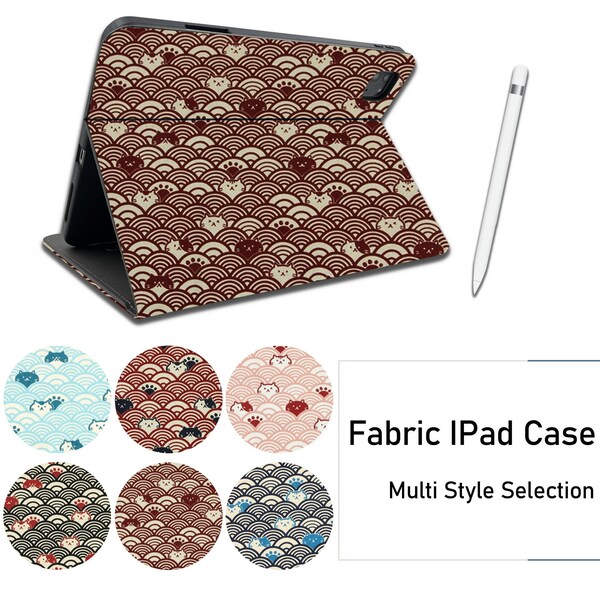 Custom cat and wavy pattern fabric iPad case built-in pen slot,support magnetic charging,iPad Air 5 iPad Pro 11" 12.9" 2022 mini 6 cover