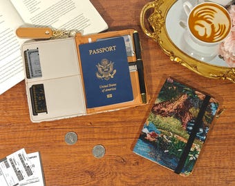 Fairy tale wonderland embroidered fabric microfiber leather travel passport holder,with RFID blocking,RFID Anti-theft brush passport cover