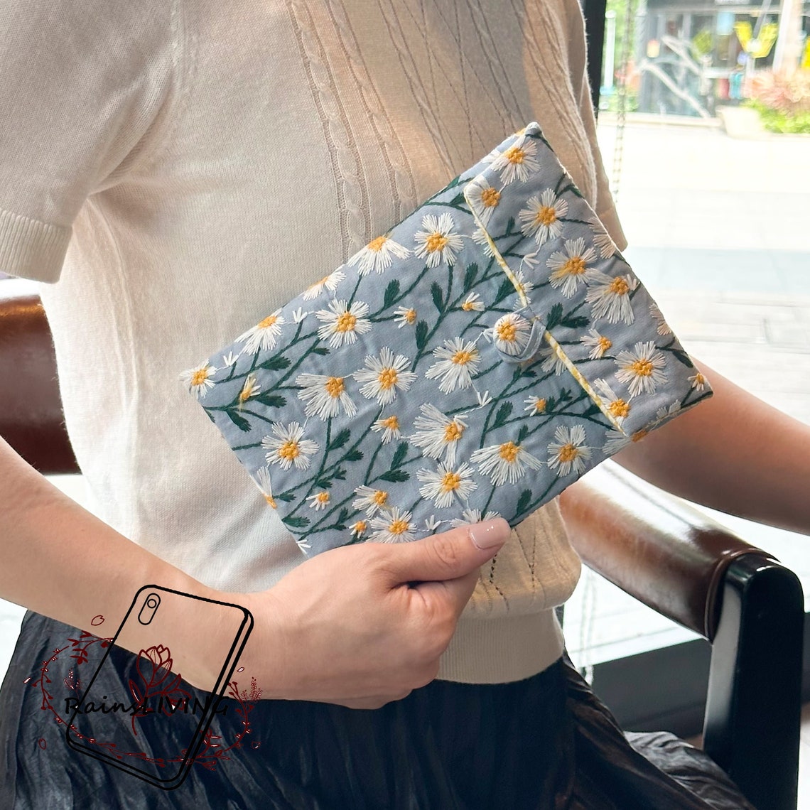 White Daisy Embroidered Flower Blue Fabric Kindle Sleeve for Kindle ...
