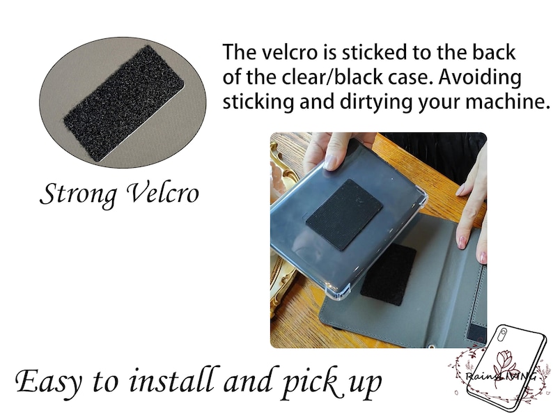 Peut inclure: Une coque de t&eacute;l&eacute;phone transparente avec un patch en velcro noir fix&eacute; &agrave; l'arri&egrave;re. Le velcro est con&ccedil;u pour se fixer &agrave; un patch correspondant sur un support de t&eacute;l&eacute;phone, permettant une installation et un retrait faciles.