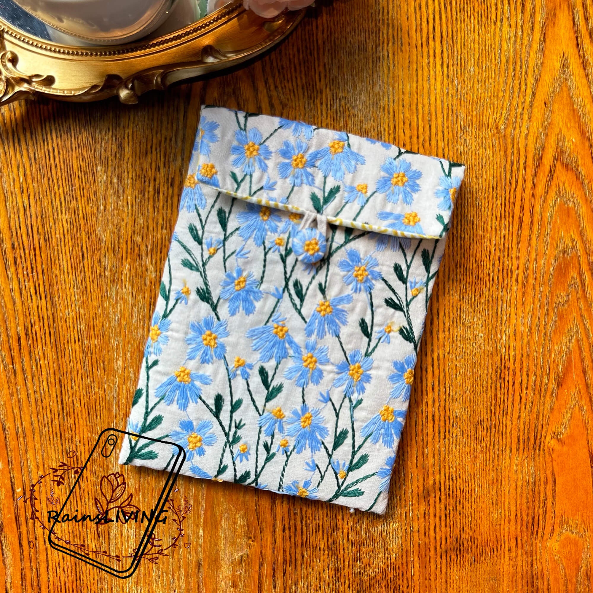 Blue Daisy Embroidered Flower Beige Fabric Kindle Sleeve for Kindle ...