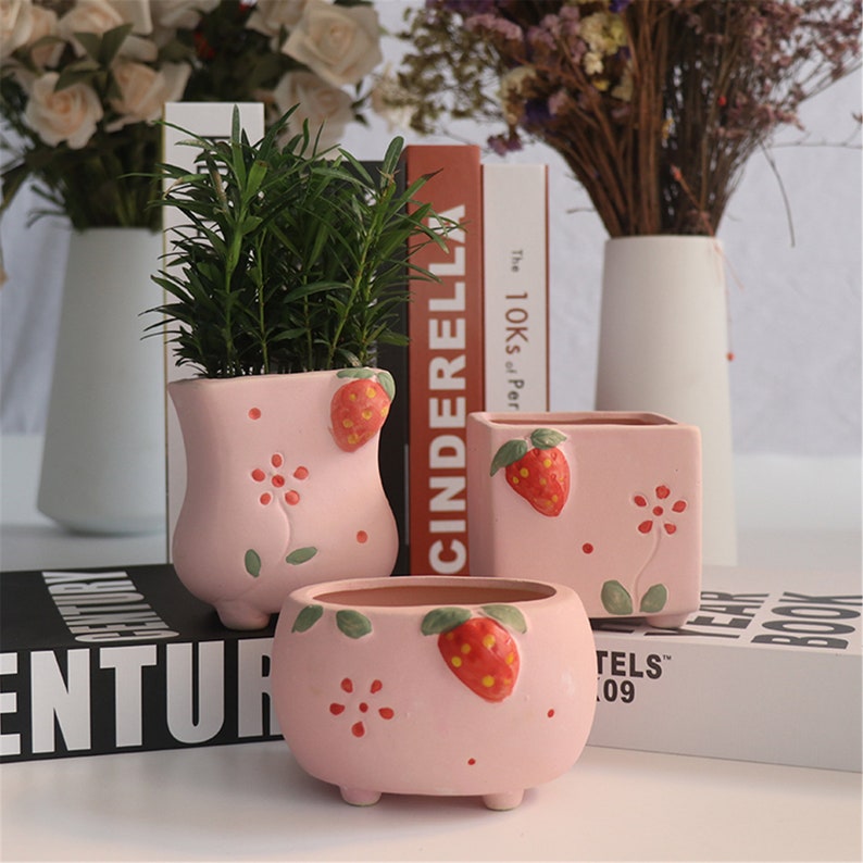 Cute strawberries planter strawberry ceramic planter small strawberry decor party mini planter