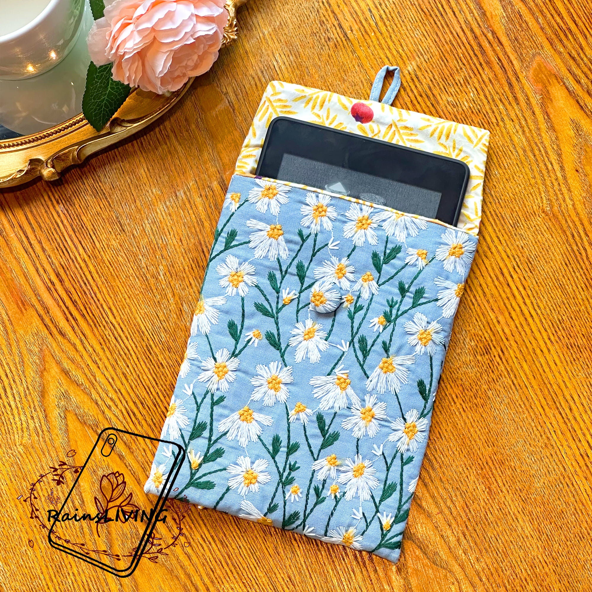 White Daisy Embroidered Flower Blue Fabric Kindle Sleeve for Kindle ...