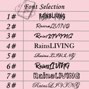Peut inclure: Un fond rose avec une grille blanche et du texte noir. Le texte indique "Font Selection" et liste huit styles de police diff&eacute;rents pour le mot "RainsLIVING".