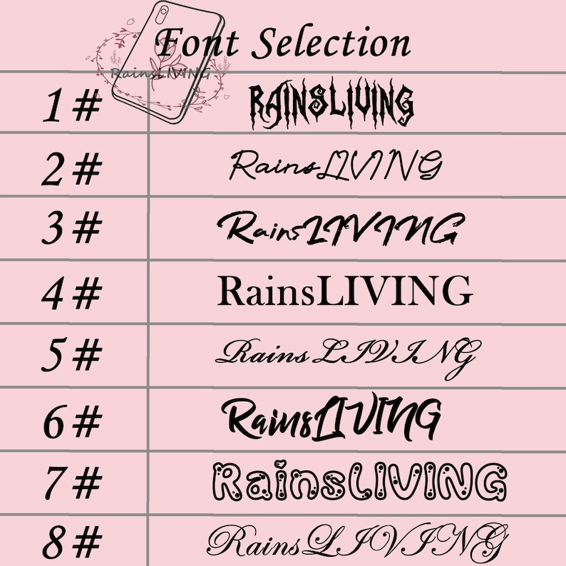 Peut inclure: Un fond rose avec une grille blanche et du texte noir. Le texte indique "Font Selection" et liste huit styles de police diff&eacute;rents pour le mot "RainsLIVING".