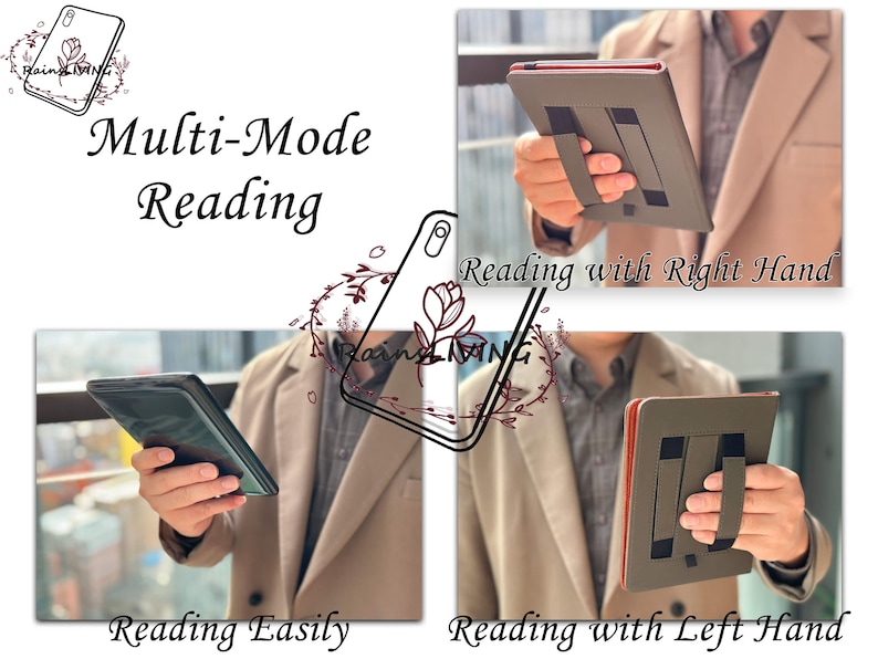 Peut inclure: Une personne tenant une coque de t&eacute;l&eacute;phone avec un motif floral et le texte "Rain Ming". La coque est pr&eacute;sent&eacute;e dans plusieurs positions pour montrer comment elle peut &ecirc;tre utilis&eacute;e pour lire de diff&eacute;rentes mani&egrave;res. Le texte "Multi-Mode Reading" est affich&eacute; en haut de l'image. Les textes "Reading with Right Hand", "Reading Easily", et "Reading with Left Hand" sont affich&eacute;s sous les images.