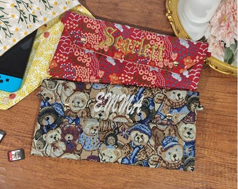 Custom name embroidered fabric handmade nintendo switch bag for switch 2,switch oled,switch lite,with 6 game slots and lanyard,switch sleeve