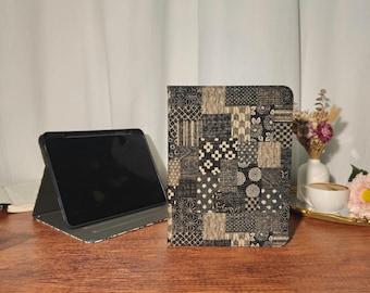 Retro Japanese black gray fabric iPad case with auto sleep wake up for iPad Air 11''13" M4, iPad 11th gen,iPad Pro 11''13" mini 7 2024 case
