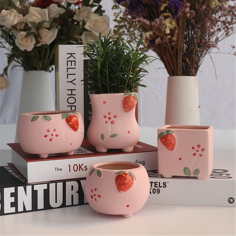 Cute strawberries planter strawberry ceramic planter small strawberry decor party mini planter
