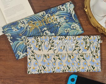 Embroidered custom name daisy fabric nintendo switch bag for switch 2,switch oled,with 6 game slots and lanyard,joystick caps,switch sleeve