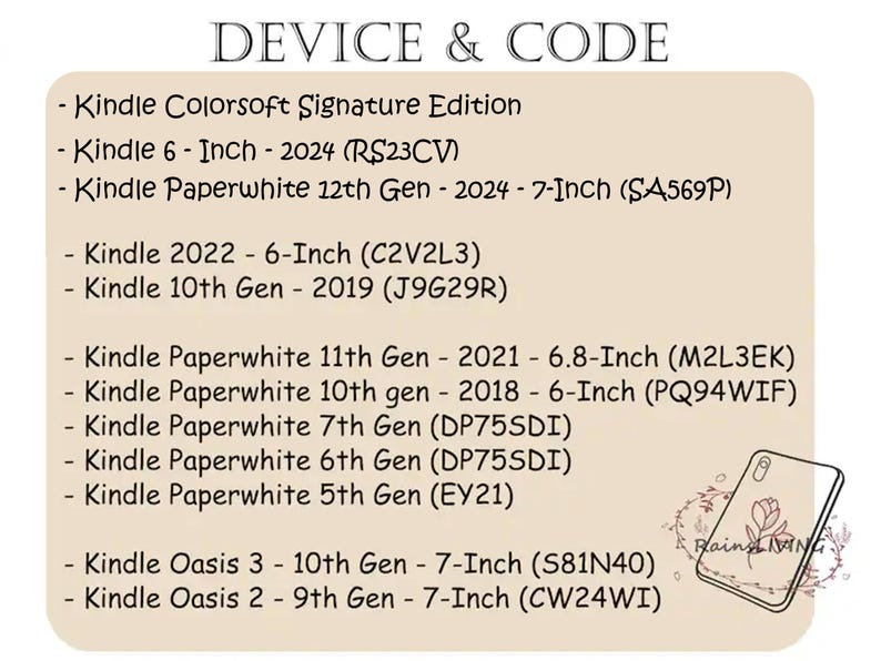 Peut inclure: Une liste de mod&egrave;les de liseuses Kindle et leurs codes correspondants. La liste comprend la Kindle Colorsoft Signature Edition, la Kindle 6 pouces, la Kindle Paperwhite 12e g&eacute;n&eacute;ration, la Kindle 2022, la Kindle 10e g&eacute;n&eacute;ration, la Kindle Paperwhite 11e g&eacute;n&eacute;ration, la Kindle Paperwhite 10e g&eacute;n&eacute;ration, la Kindle Paperwhite 7e g&eacute;n&eacute;ration, la Kindle Paperwhite 6e g&eacute;n&eacute;ration, la Kindle Paperwhite 5e g&eacute;n&eacute;ration, la Kindle Oasis 3 et la Kindle Oasis 2.