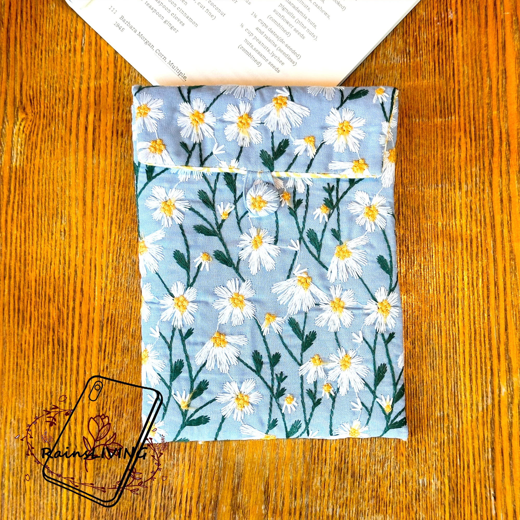 White Daisy Embroidered Flower Blue Fabric Kindle Sleeve for Kindle ...
