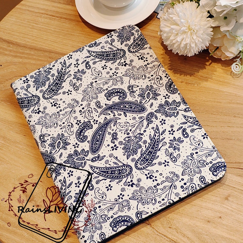 New ethnic blue and white porcelain style fabric iPad case built-in pencil holder,magnetic wake up,air 5 iPad 10.2 iPad pro 2022 iPad 10 image 1