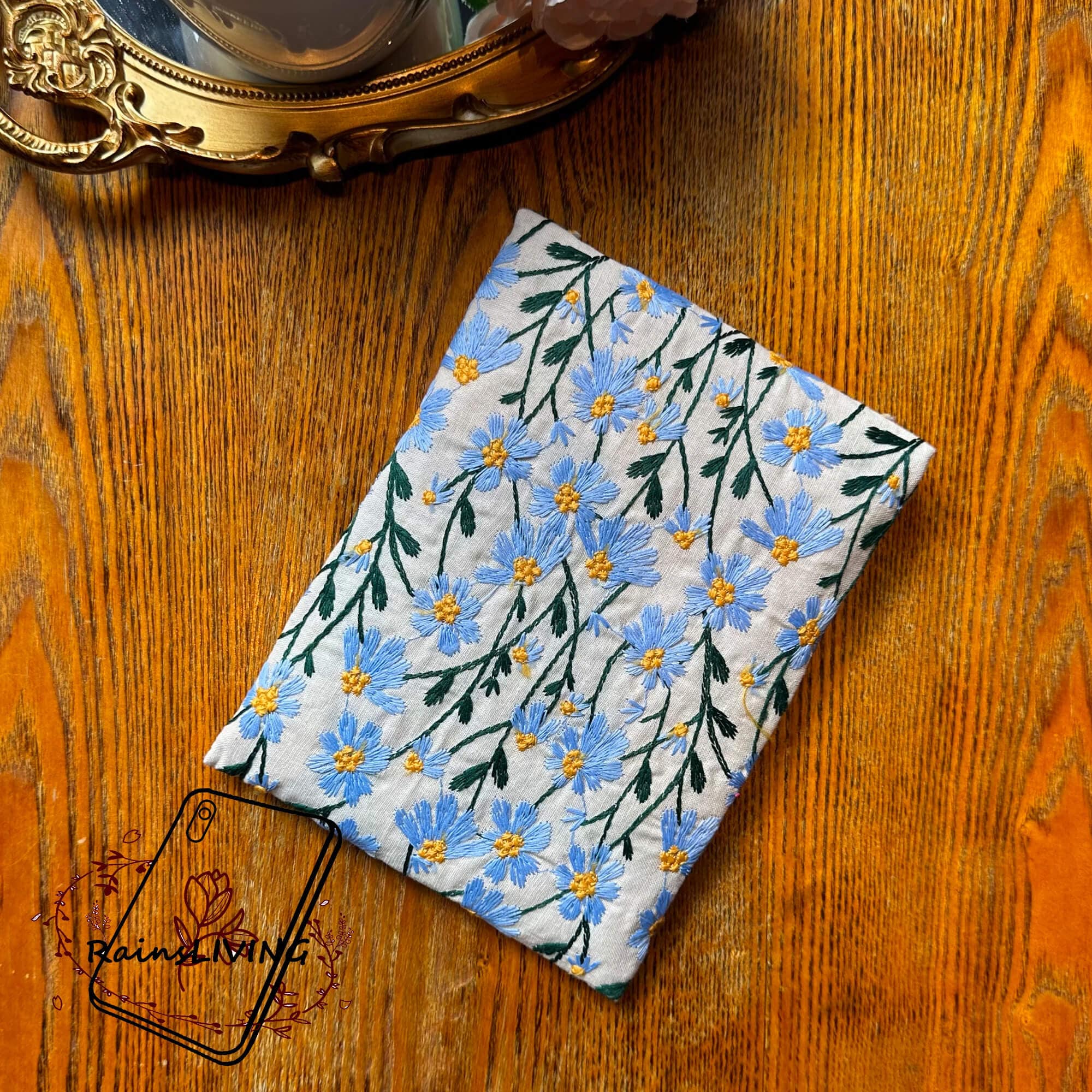 Blue Daisy Embroidered Flower Beige Fabric Kindle Sleeve for Kindle ...