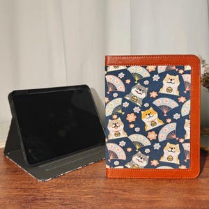 Folding fan shiba inu fabric case with leather border,built-in pencil holder for iPad A16 11" 2025, iPad 10th 2022 10.9",iPad 12th 2026