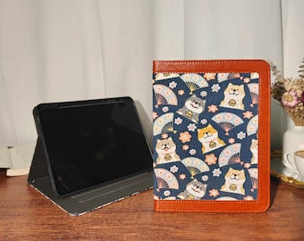 Folding fan shiba inu fabric case with leather border,built-in pencil holder for iPad A16 11" 2025, iPad 10th 2022 10.9",iPad 12th 2026