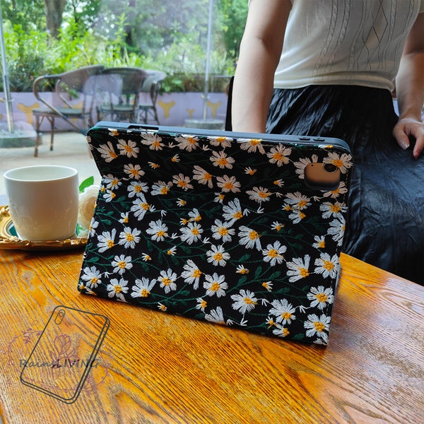 Embroidered white daisy black fabric iPad case built-in pencil holder, magnetic charging,2024 iPad  Air 13'' Pro 11'' iPad Pro 2022 case