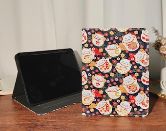 Japanese style lucky cat fabric flower ipad case with auto sleep up for iPad Pro 11''13" mini 7 2024 iPad Air 11" 13" M4,iPad 11th gen case