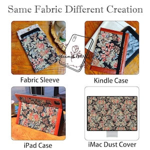 Peut inclure: Quatre &eacute;tuis en tissu diff&eacute;rents pour appareils &eacute;lectroniques. Une pochette en tissu noir avec un motif floral pour t&eacute;l&eacute;phone, un &eacute;tui Kindle en tissu noir avec un motif floral et une bordure en cuir marron, un &eacute;tui iPad en tissu noir avec un motif floral et une bordure en cuir marron, et un couvre-poussi&egrave;re iMac en tissu noir avec un motif floral.