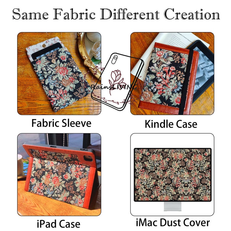 Peut inclure: Quatre &eacute;tuis en tissu diff&eacute;rents pour appareils &eacute;lectroniques. Une pochette en tissu noir avec un motif floral pour t&eacute;l&eacute;phone, un &eacute;tui Kindle en tissu noir avec un motif floral et une bordure en cuir marron, un &eacute;tui iPad en tissu noir avec un motif floral et une bordure en cuir marron, et un couvre-poussi&egrave;re iMac en tissu noir avec un motif floral.